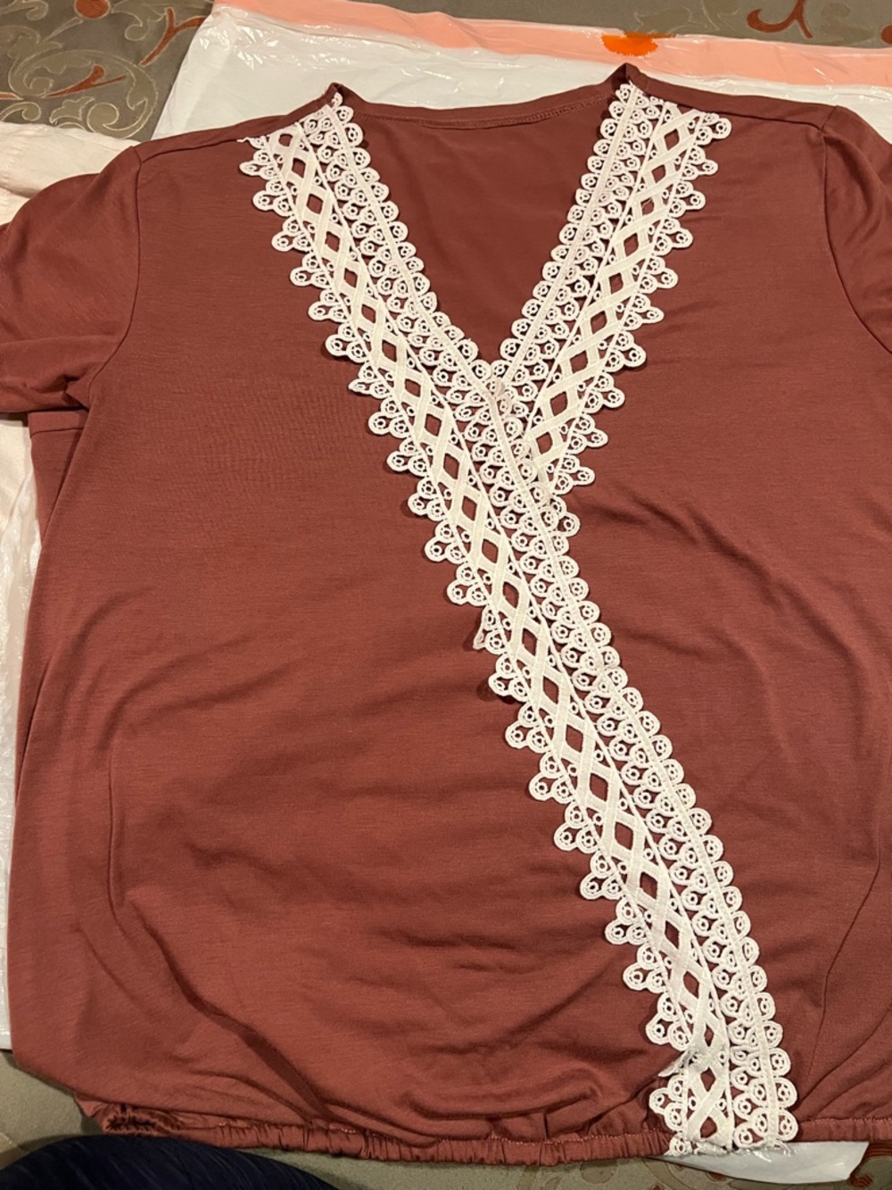 Women’s Dusty Rose Top with White Lace Trim